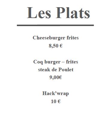 Les plats du snack