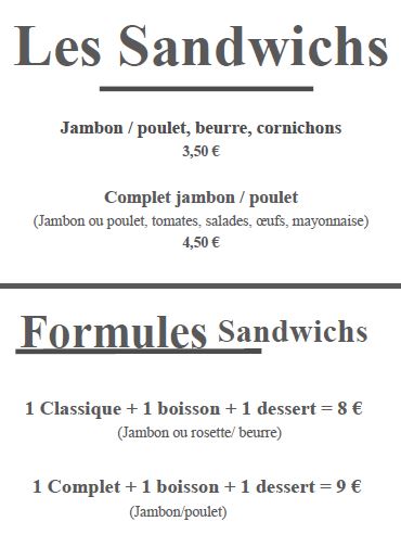 Le snack : La carte des sandwichs